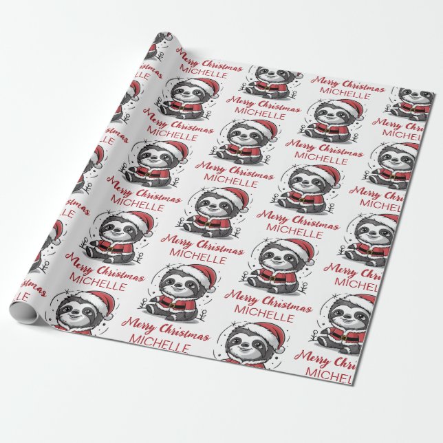 Papel De Presente Personalized Cute Sloth Santa Hat Holiday (Desenrolado)