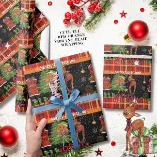 Papel De Presente Personalized Elf Girl Name Christmas | Red Plaid