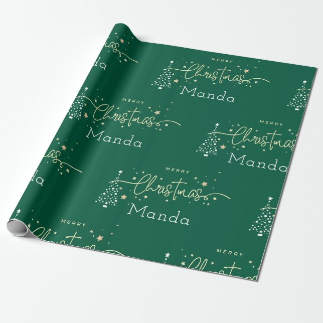 Papel De Presente Personalized Green Elegant Script Merry Christmas (Desenrolado)
