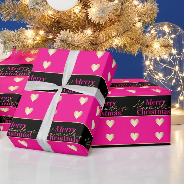 Papel De Presente Personalized Hot Pink Black Gold Heart Christmas (Feriados)