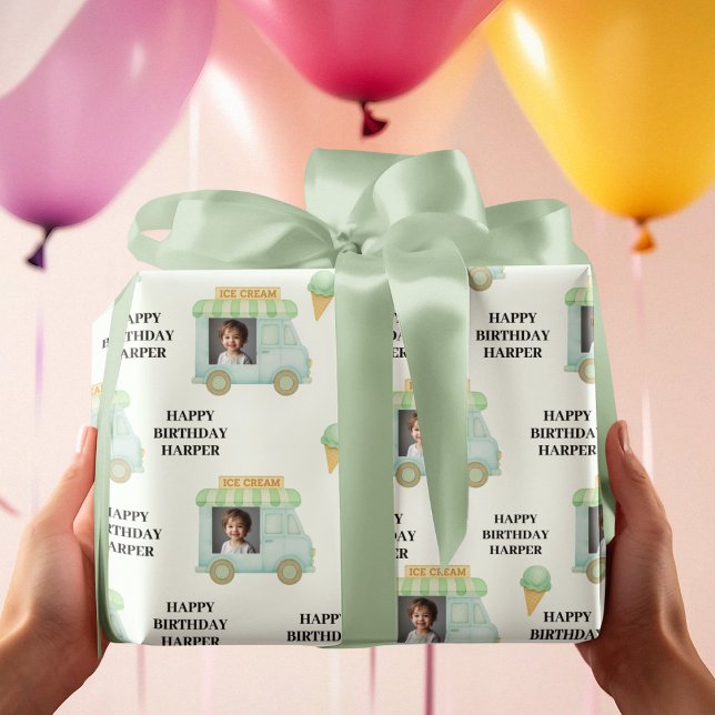 Papel De Presente Personalized Ice Cream Truck Photo Birthday (Criador carregado)