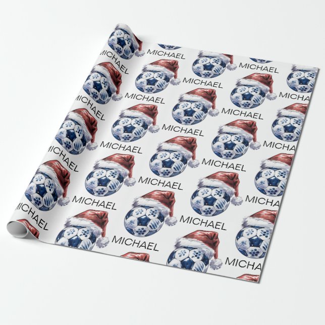 Papel De Presente Personalized Merry Christmas Soccer Ball Santa     (Desenrolado)