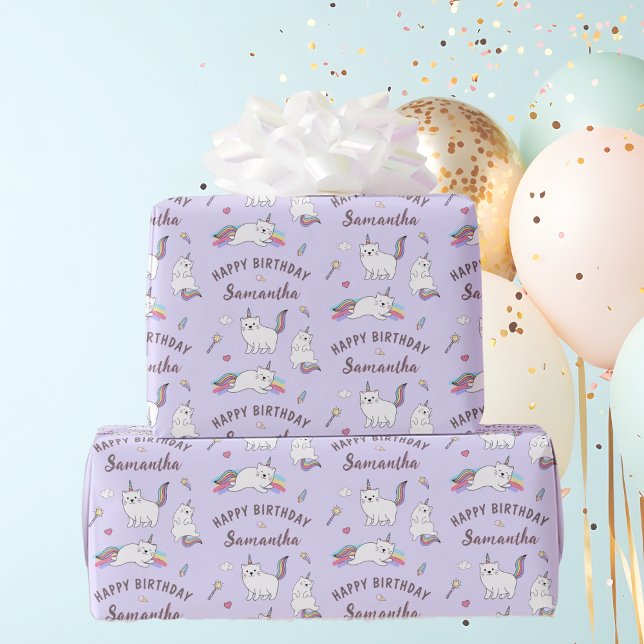 Papel De Presente Personalized Name Cute Unicorn Cat Birthday (Personalized Name Cute Unicorn Cat Birthday Wrapping Paper)