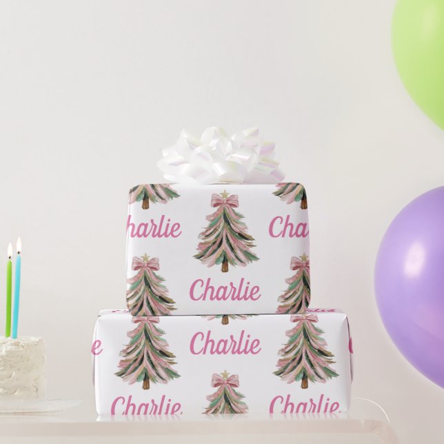 Papel De Presente Personalized Pink Christmas Xmas Tree Holiday Gift (Presentes para festas)
