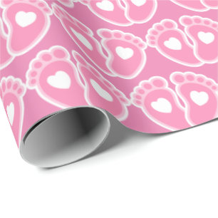 Papel De Presente Pés-Bebê Rosa e Corações Novo Padrão-Bebê