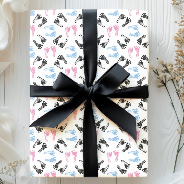 Papel De Presente Pés de Bebê Rosa e Azul Impressões de Bebê Chuvinh (Criador carregado)