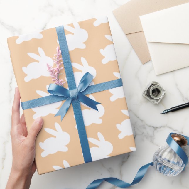 Papel De Presente Pêssego Laranja Coelho Branco Pastel (Presentear)