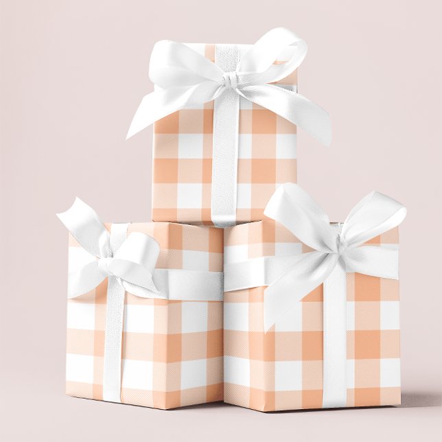 Papel De Presente Pêssego Pastel Grande e Gingham Branco (Large Pastel Peach and White Gingham Wrapping Paper)