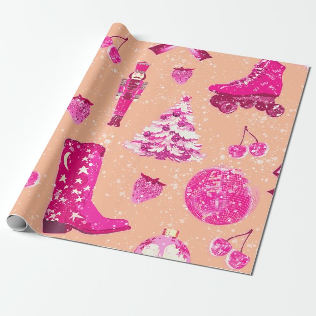 Papel De Presente Pêssego Rosa Bonito, Pinheiro (Desenrolado)