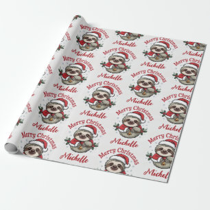 Papel De Presente Pessoalizado Sloth Fofo Chapéu de Papai Noel Feria