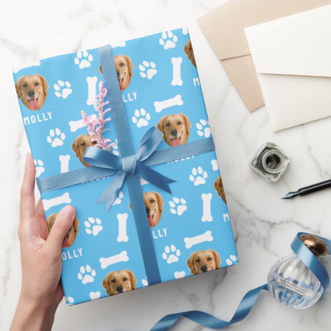 Papel De Presente Pet de Cão Personalizado Foto e Nome Azul (Presentear)