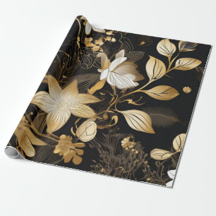 Papel De Presente Pétalas Douradas: Preto Floral e Dourado