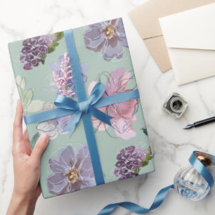 Papel De Presente Pétalas Rosa Roxo Fundo Verde Menta