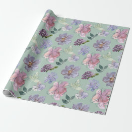 Papel De Presente Pétalas Rosa Roxo Fundo Verde Menta