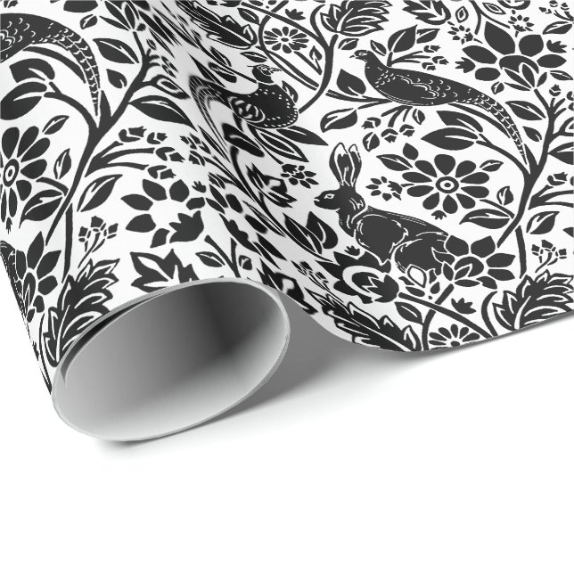 Papel De Presente Pheasant and Hare Patterno, Branco e Preto (Ponta do rolo)
