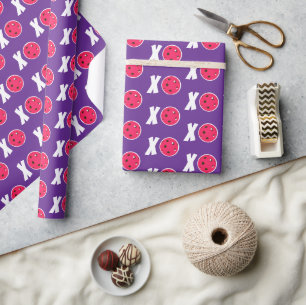 Papel De Presente Pickleball XOXO Abraços e Beijos Rosa Branco Roxo