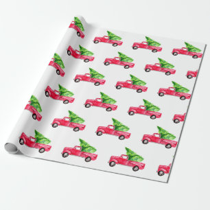 Papel De Presente Pickup Red Truck Árvore de Natal Cuja Aquarela