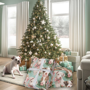 Papel De Presente Piebald Pitbuld Adorável Pinças de Natal Verde