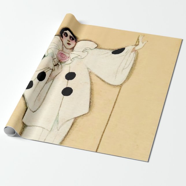 Papel De Presente Pierrot Com Rosa Rosa por Sophia Chiostri (Desenrolado)