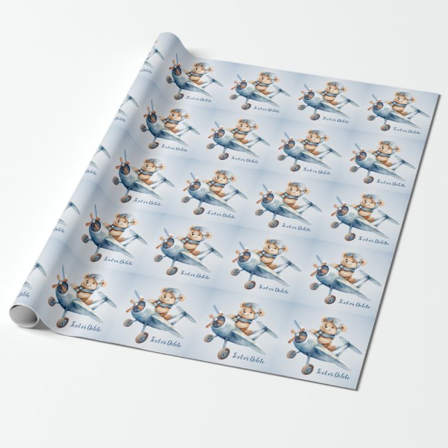 Papel De Presente Piloto de Urso Bebê Cónico Blue Aviplane BeauBeauf (Desenrolado)