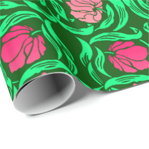 Papel De Presente Pimpernel de William Morris, cor-de-rosa e verde