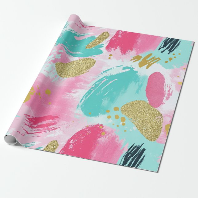 Papel De Presente Pincéis Abstrato coloridos - Mint & Pink (1) (Desenrolado)