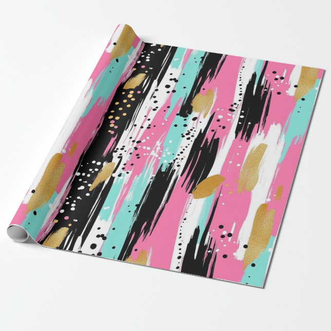 Papel De Presente Pincéis Abstrato coloridos - Mint & Pink (2) (Desenrolado)