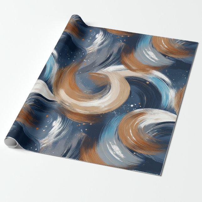 Papel De Presente Pincéis de Abstrato em azul, branco e castanho (Desenrolado)