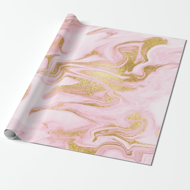 Papel De Presente Pincéis Ouros Brilhantes do Mármaco Branco rosa (Desenrolado)