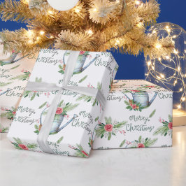 Papel De Presente Pincel de Azul Pastel Roteiro Feliz Natal Floral