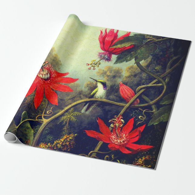 Papel De Presente Pincel de beija-flores e flores de paixão (Desenrolado)