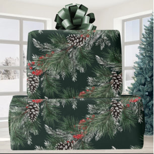 Papel De Presente Pine Branco Cones Silver Spruce Red Berries Garlan