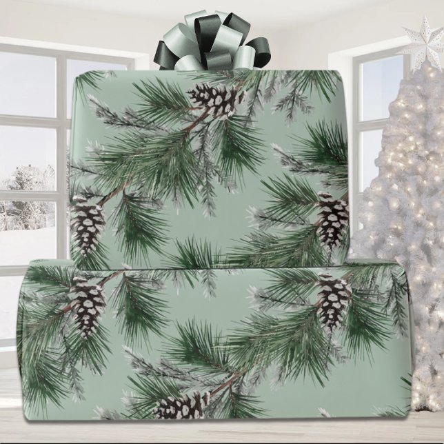 Papel De Presente Pine Branco Verde Cones Silver Spruce Garland Sage (Criador carregado)