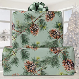 Papel De Presente Pine Cones Laden Pinhais Brancos Sage Verde