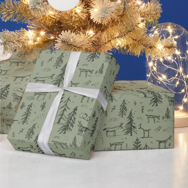 Papel De Presente Pine Deer Lake Life - padrão de bosque em verde sá (Feriados)