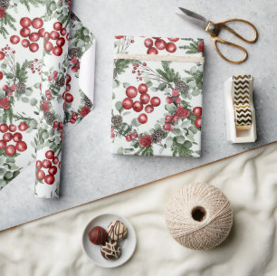 Papel De Presente Pine Holly Red Floral Natal