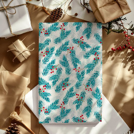 Papel De Presente Pine Twigs e Red Berries Padrão de Natal Branco
