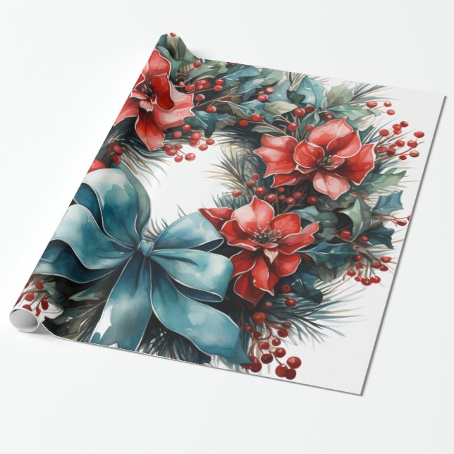Papel De Presente Pine Wreath com Flores Vermelhas e Holly (Desenrolado)