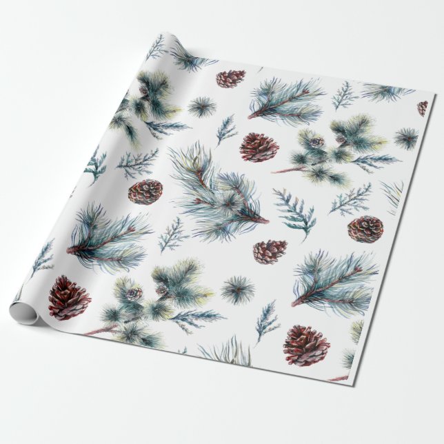 Papel De Presente Pinecone Watercolor Sprigs Natal (Desenrolado)
