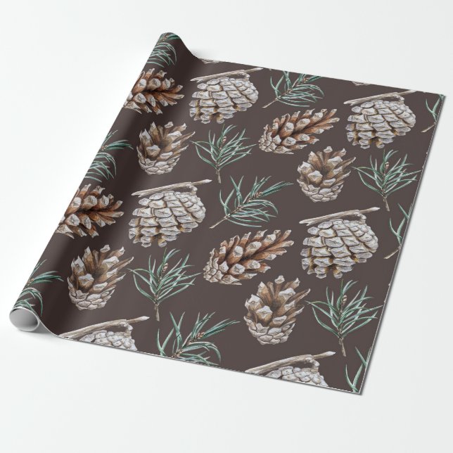 Papel De Presente Pinecones Cócitos de Aquarela (Desenrolado)