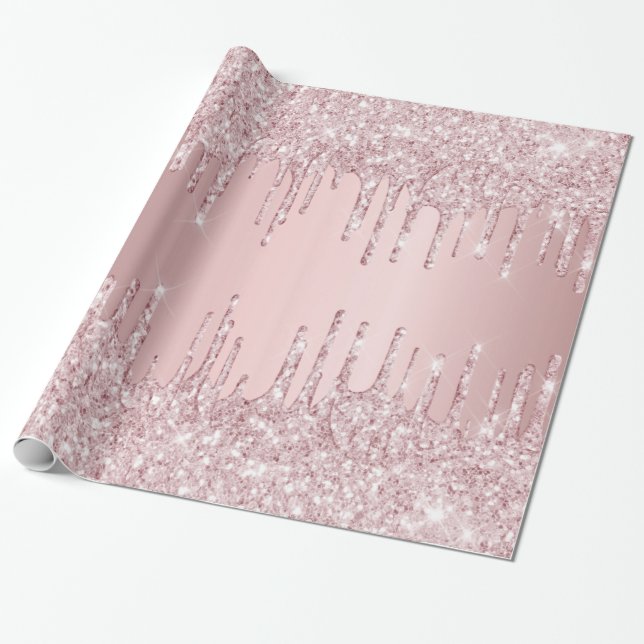 Papel De Presente Pingo de brilho rosa de aniversário faísca rosa em (Desenrolado)