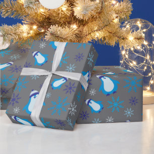 Papel De Presente Pinguim Azul Adorável e Flocos de Neve Cinzas Sem