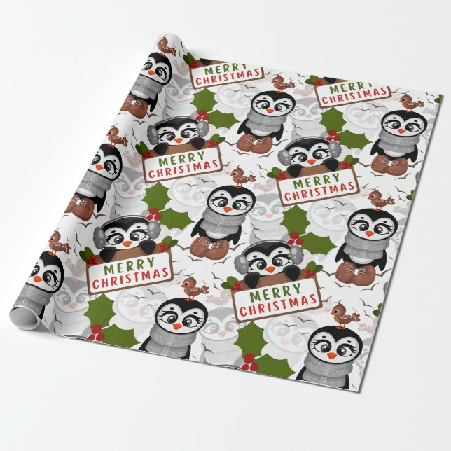 Papel De Presente Pinguim Corajoso Padrão de Natal (Desenrolado)