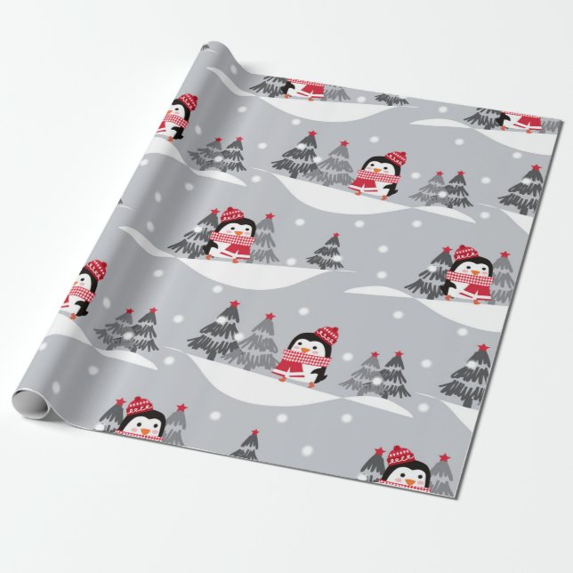Papel De Presente Pinguim Cute Padrão de Natal (Desenrolado)