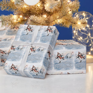 Papel De Presente Pinguim de Natal Alegre em Patins de Gelo