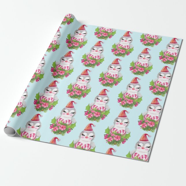 Papel De Presente Pinguim de Natal bonito no papel de moldagem de Sa (Desenrolado)