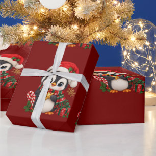 Papel De Presente Pinguim de Natal Fofo com Chapéu de Papai Noel