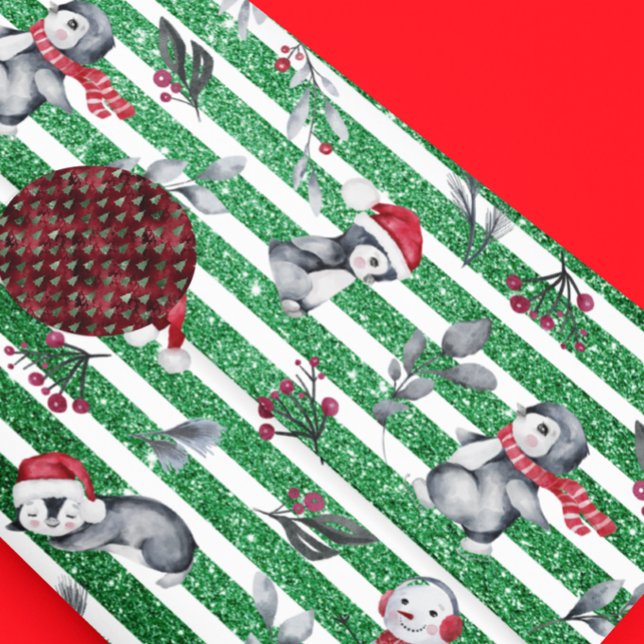 Papel De Presente Pinguim de Natal Homem de Neve Listras Verde Brilh (Criador carregado)