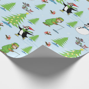Papel De Presente Pinguim de Natal patinando no gelo e pescador de u