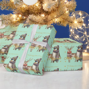 Papel De Presente Pinguim e Reindeer Feliz Natal
